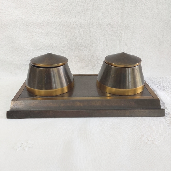 Vintage SilverCrest Decorated Bronze Double Inkwell & Notepad Holder, Art Deco - Picture 2 of 16